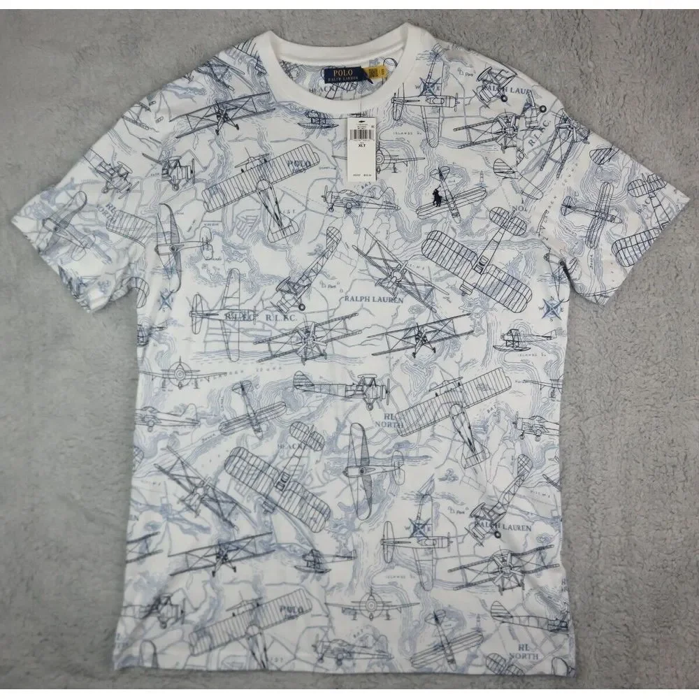 Polo Ralph Lauren Air Plane Shirt Mens XLT Flight Club Map White Blue Cotton New